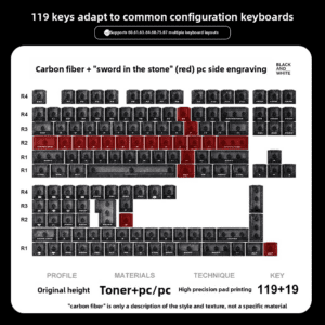 Black Ice Carbon Pattern Keycaps - Red "The Sword in the Stone" Side-Printed (138 Keys)