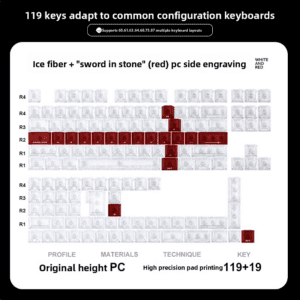 White Ice Carbon Pattern Keycaps - Red "The Sword in the Stone" Side-Printed (138 Keys)