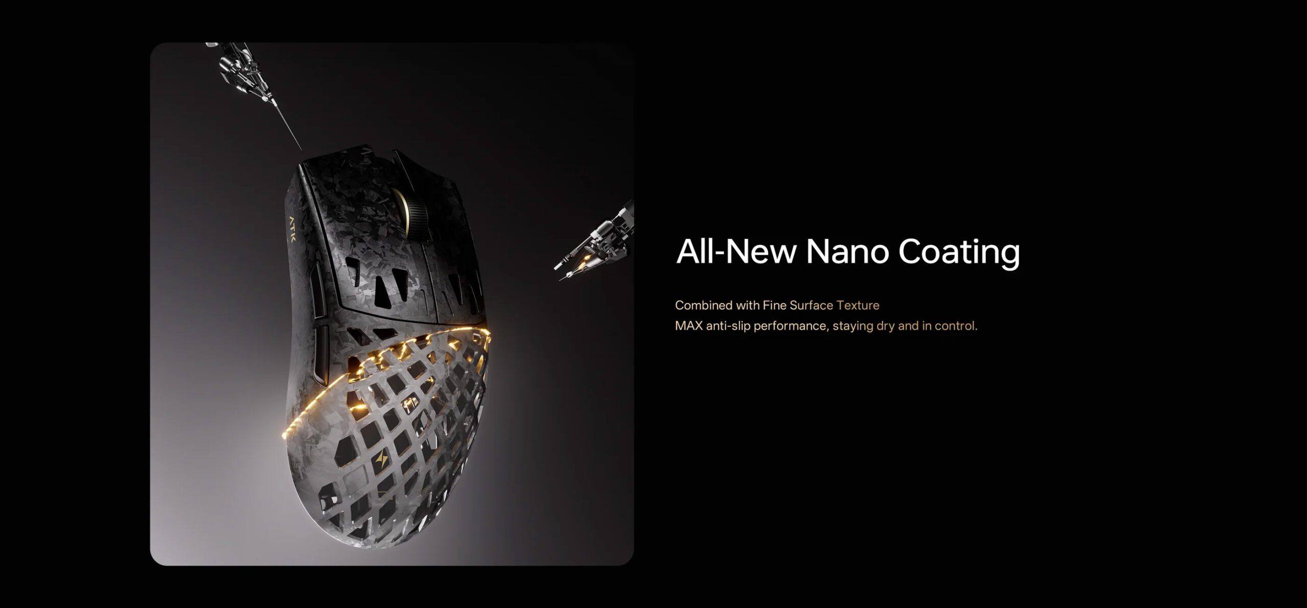 ATK Ghost Wireless Mouse featuring a 48g ultra-lightweight carbon fiber shell and 8K polling rate for esports