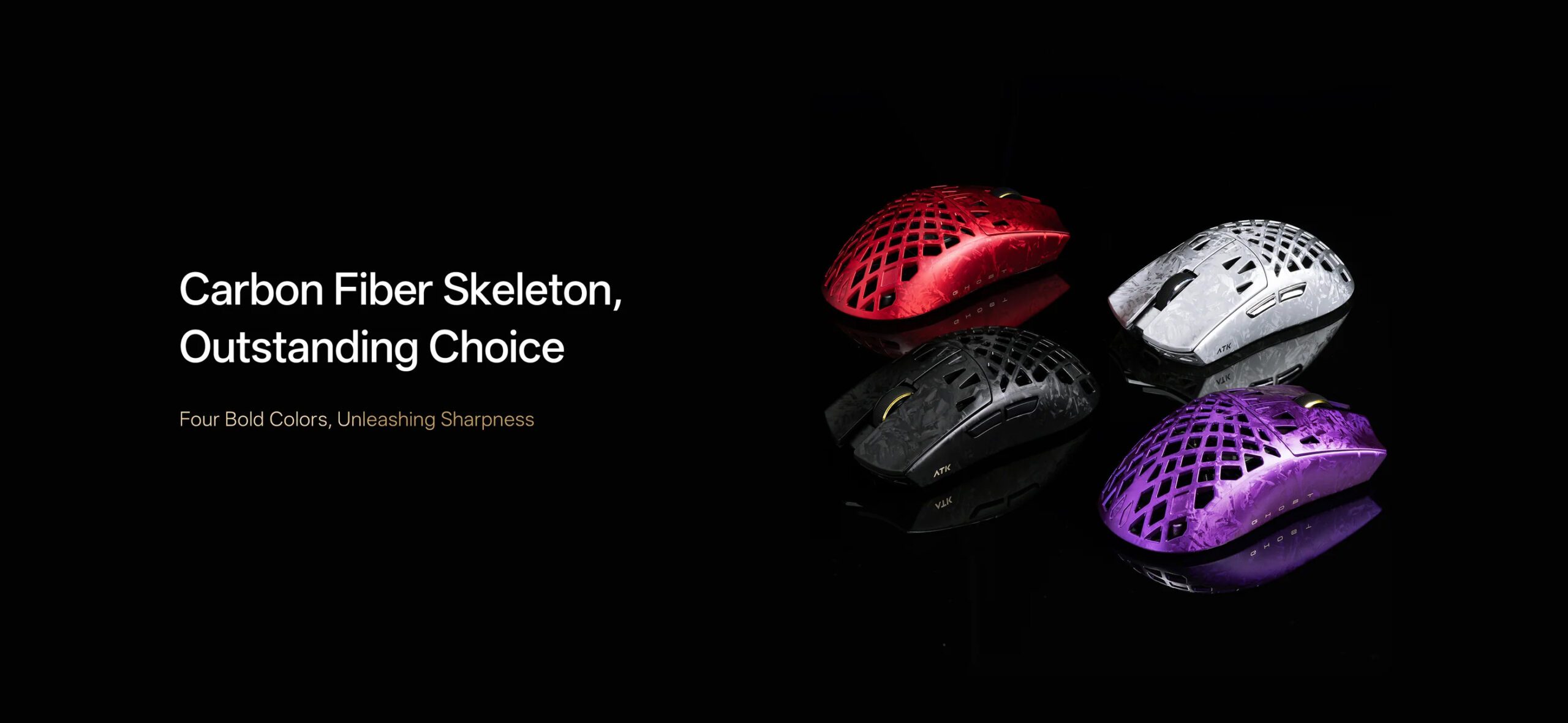 ATK Ghost Wireless Mouse featuring a 48g ultra-lightweight carbon fiber shell and 8K polling rate for esports