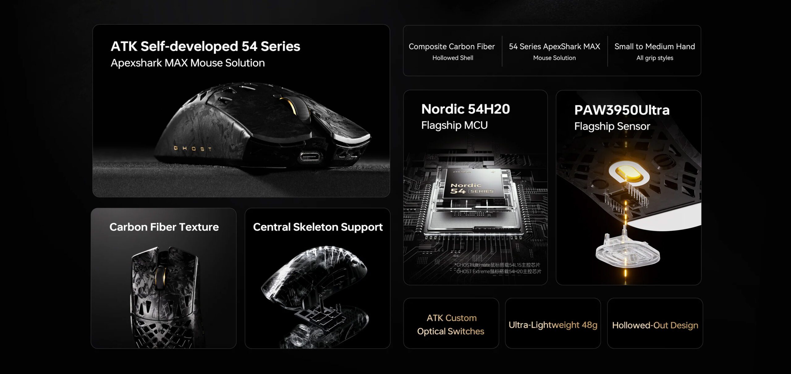 ATK Ghost Wireless Mouse featuring a 48g ultra-lightweight carbon fiber shell and 8K polling rate for esports