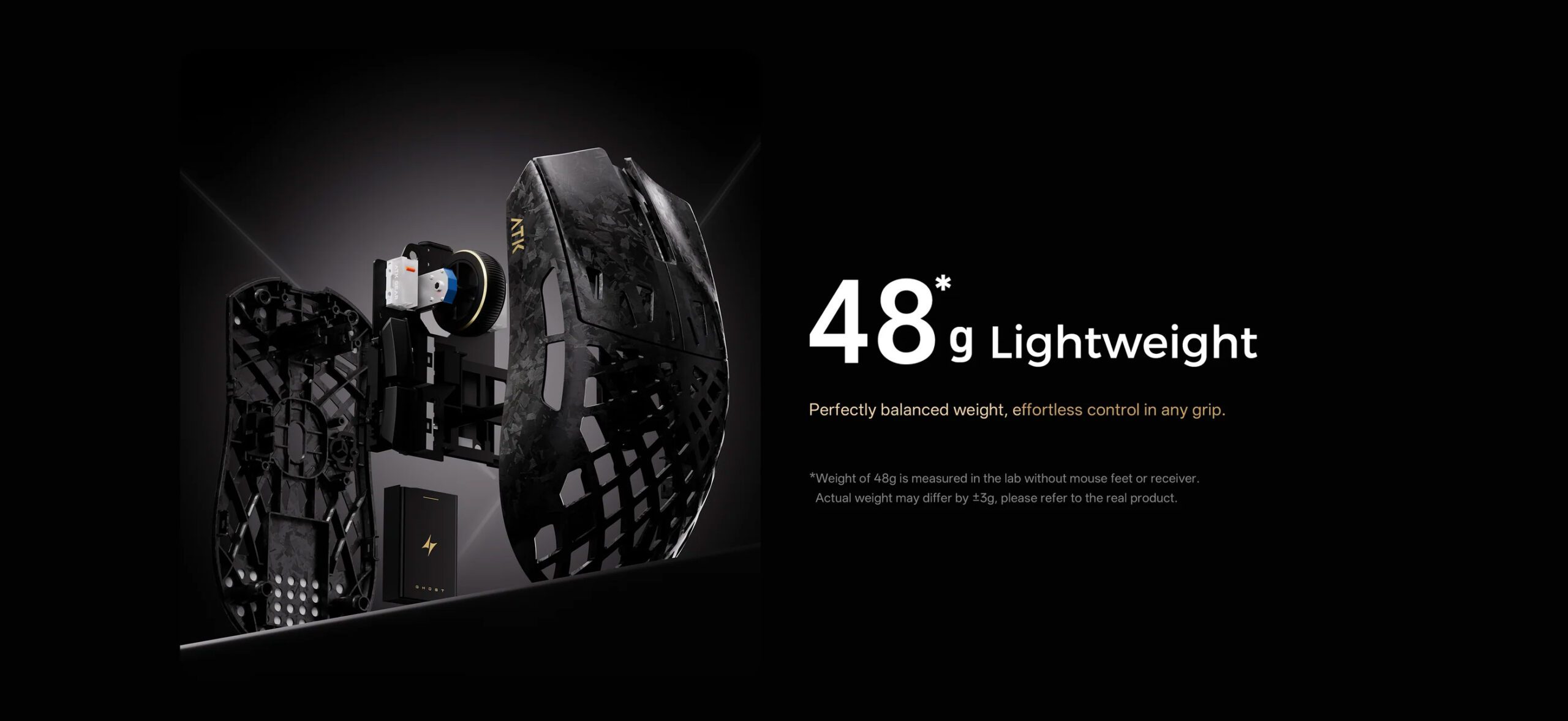 ATK Ghost Wireless Mouse featuring a 48g ultra-lightweight carbon fiber shell and 8K polling rate for esports