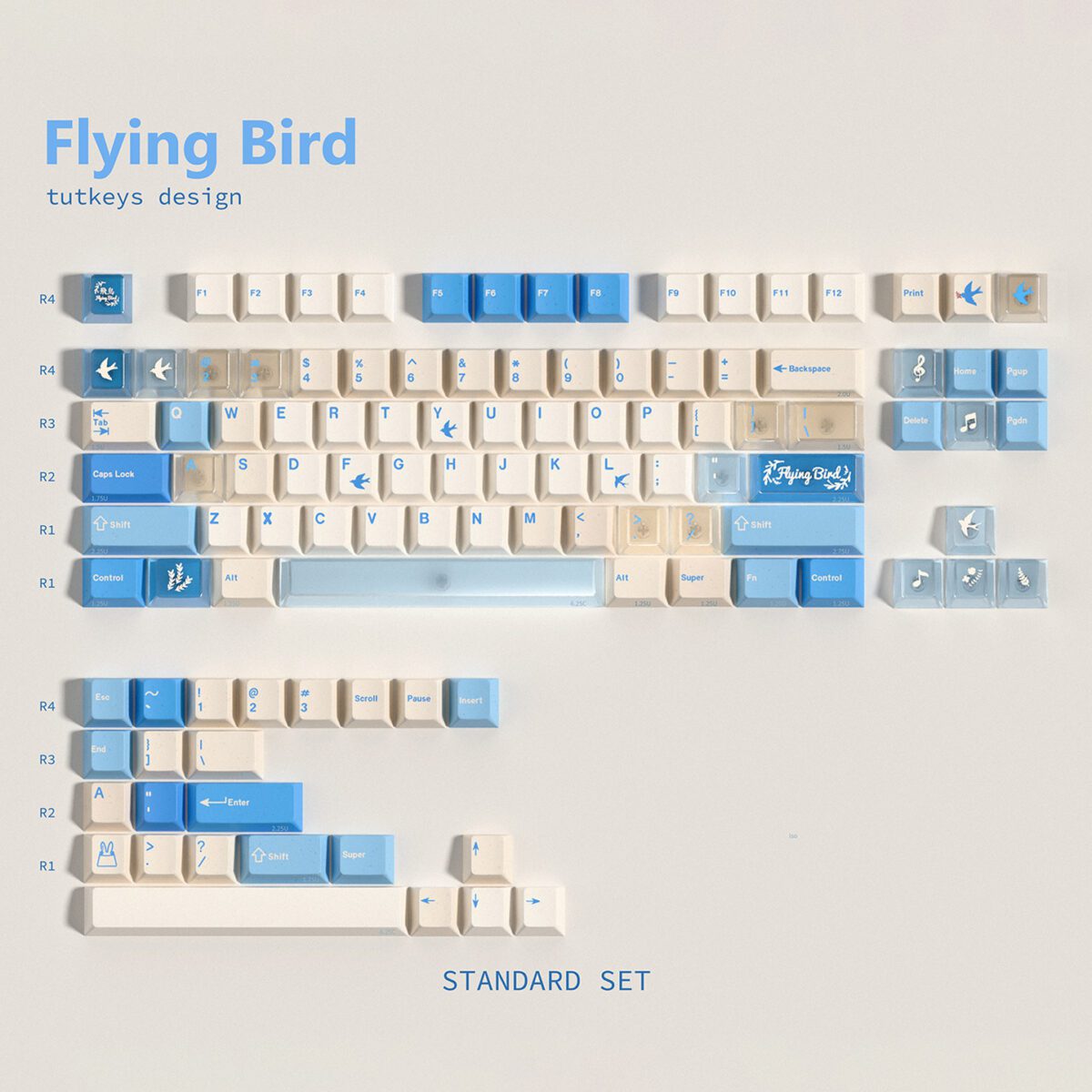 Blue Transparent Bird-Themed PBT Keycap Set